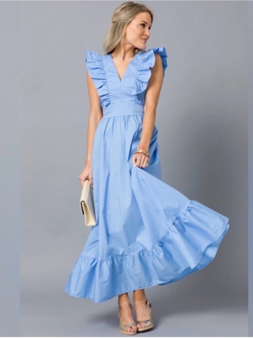 Karlie Light Blue Ruffle V-Neck Maxi Dress